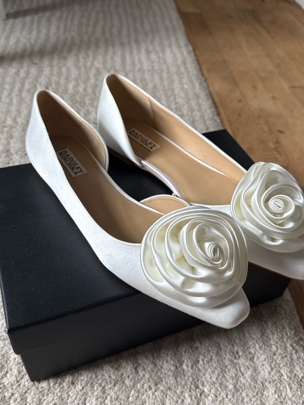 Badgley Mischka Ivory Satin Pointed-Toe Flats with Rosette